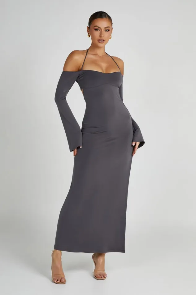 Meshki Maxi Dresses Tia Slinky Off Shoulder Maxi Dress 8211 Charcoal Charcoal 8211 Women
