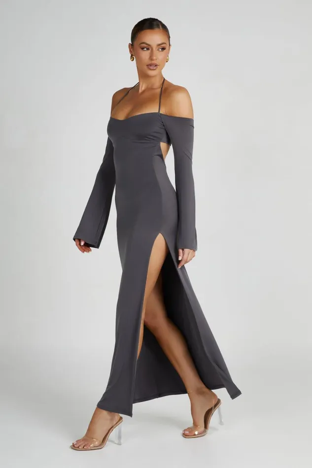 Meshki Maxi Dresses Tia Slinky Off Shoulder Maxi Dress 8211 Charcoal Charcoal 8211 Women