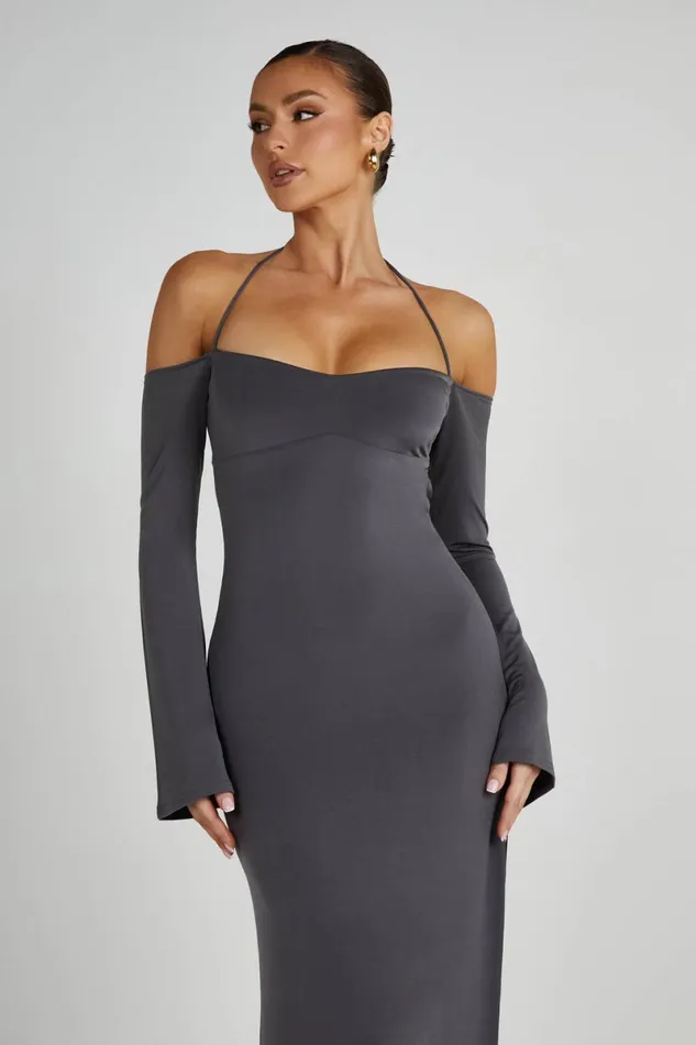Meshki Maxi Dresses Tia Slinky Off Shoulder Maxi Dress 8211 Charcoal Charcoal 8211 Women