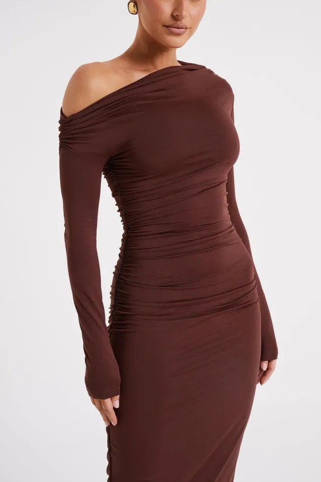 Meshki Midi Dresses Christabel Recycled Nylon Ruched Midi Dress 8211 Chocolate Chocolate 8211 Women