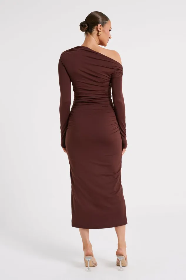 Meshki Midi Dresses Christabel Recycled Nylon Ruched Midi Dress 8211 Chocolate Chocolate 8211 Women