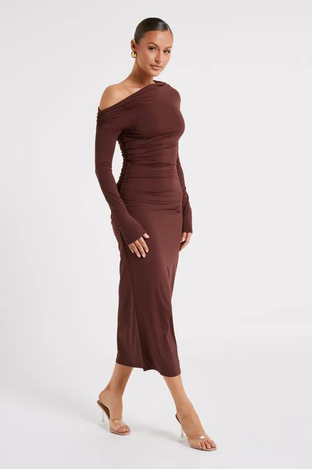 Meshki Midi Dresses Christabel Recycled Nylon Ruched Midi Dress 8211 Chocolate Chocolate 8211 Women