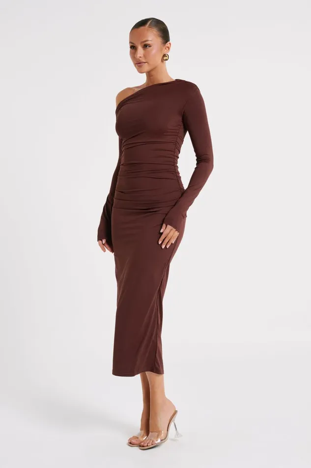 Meshki Midi Dresses Christabel Recycled Nylon Ruched Midi Dress 8211 Chocolate Chocolate 8211 Women