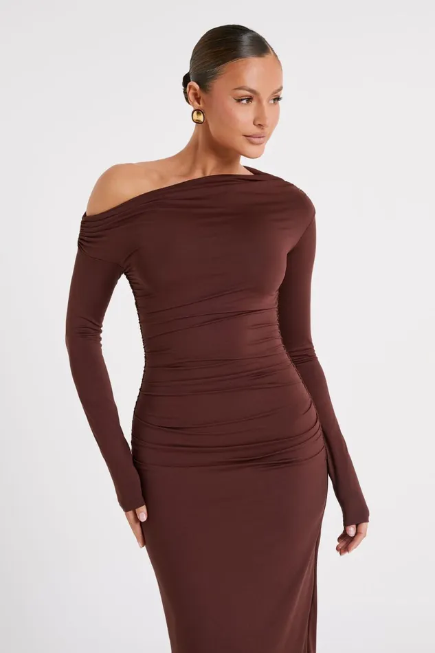 Meshki Midi Dresses Christabel Recycled Nylon Ruched Midi Dress 8211 Chocolate Chocolate 8211 Women