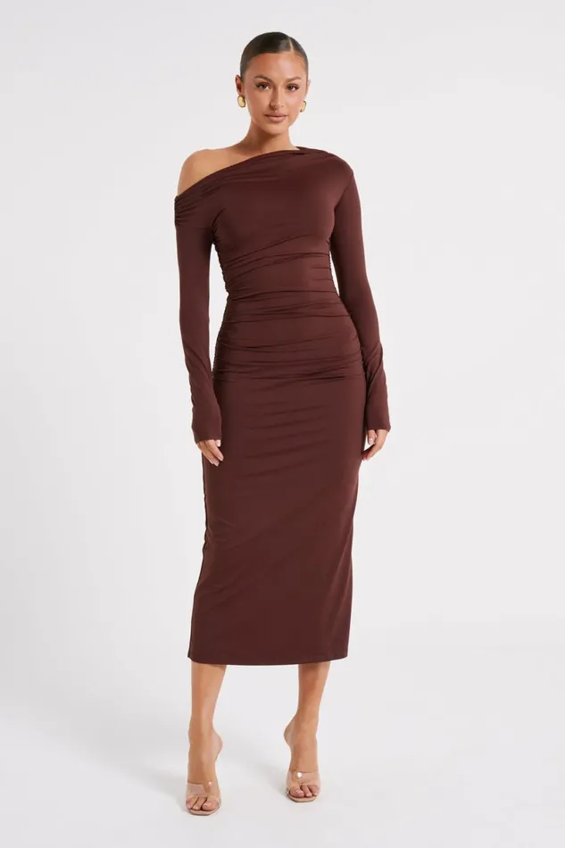 Meshki Midi Dresses Christabel Recycled Nylon Ruched Midi Dress 8211 Chocolate Chocolate 8211 Women