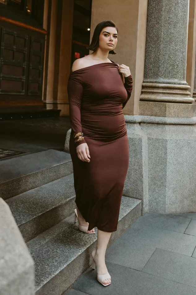 Meshki Midi Dresses Christabel Recycled Nylon Ruched Midi Dress 8211 Chocolate Chocolate 8211 Women