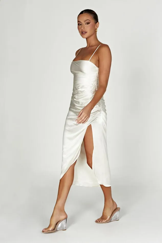 Meshki Midi Dresses Claudette Satin Drape Midi Dress 8211 Ivory Ivory 8211 Women