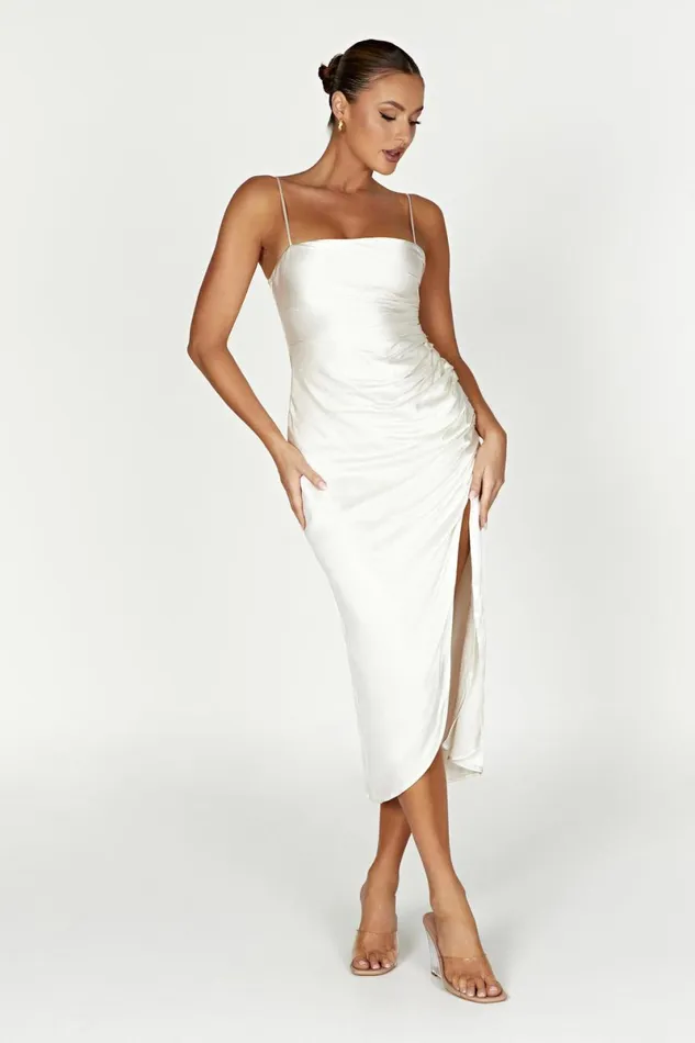 Meshki Midi Dresses Claudette Satin Drape Midi Dress 8211 Ivory Ivory 8211 Women Meshki Midi Dresses Claudette Satin Drape Midi Dress 8211 Ivory Ivory 8211 Women