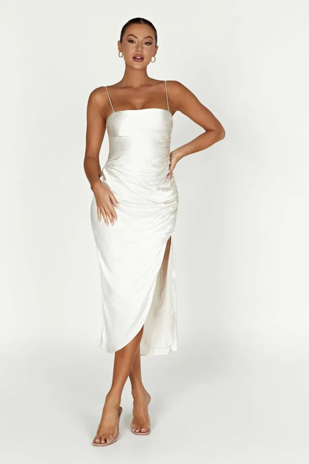 Meshki Midi Dresses Claudette Satin Drape Midi Dress 8211 Ivory Ivory 8211 Women Meshki Midi Dresses Claudette Satin Drape Midi Dress 8211 Ivory Ivory 8211 Women