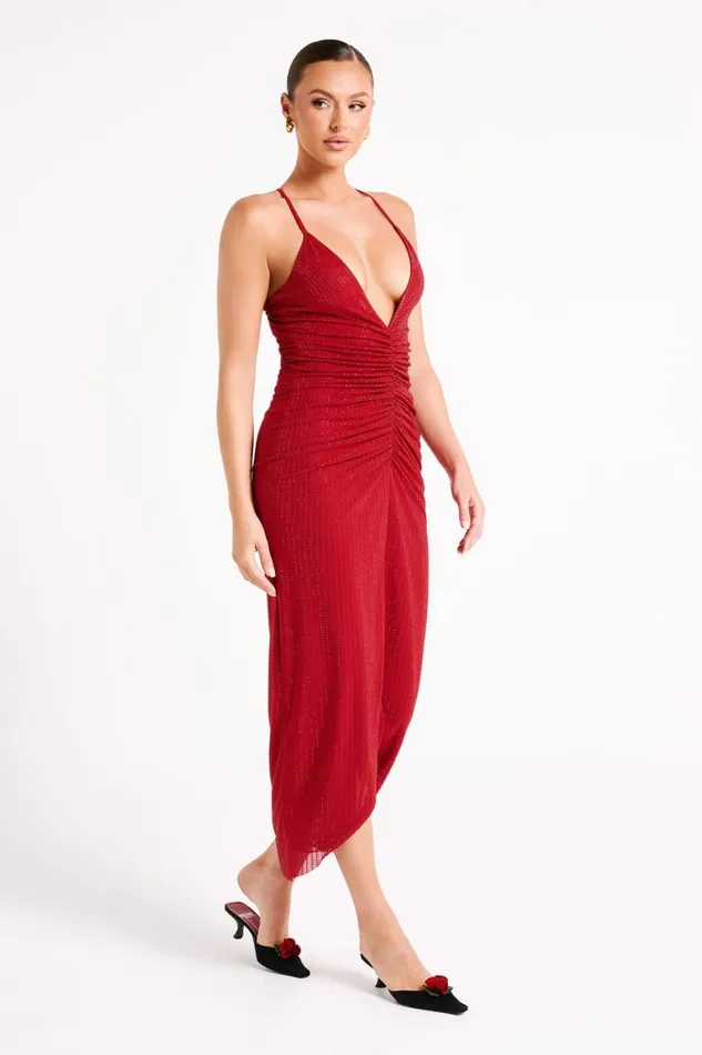 Meshki Midi Dresses Emeraude Diamante Ruched Midi Dress 8211 Vermilion Red Vermilionred 8211 Women