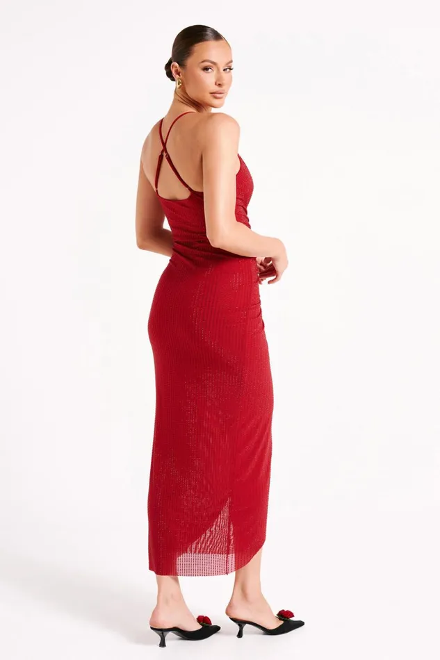 Meshki Midi Dresses Emeraude Diamante Ruched Midi Dress 8211 Vermilion Red Vermilionred 8211 Women