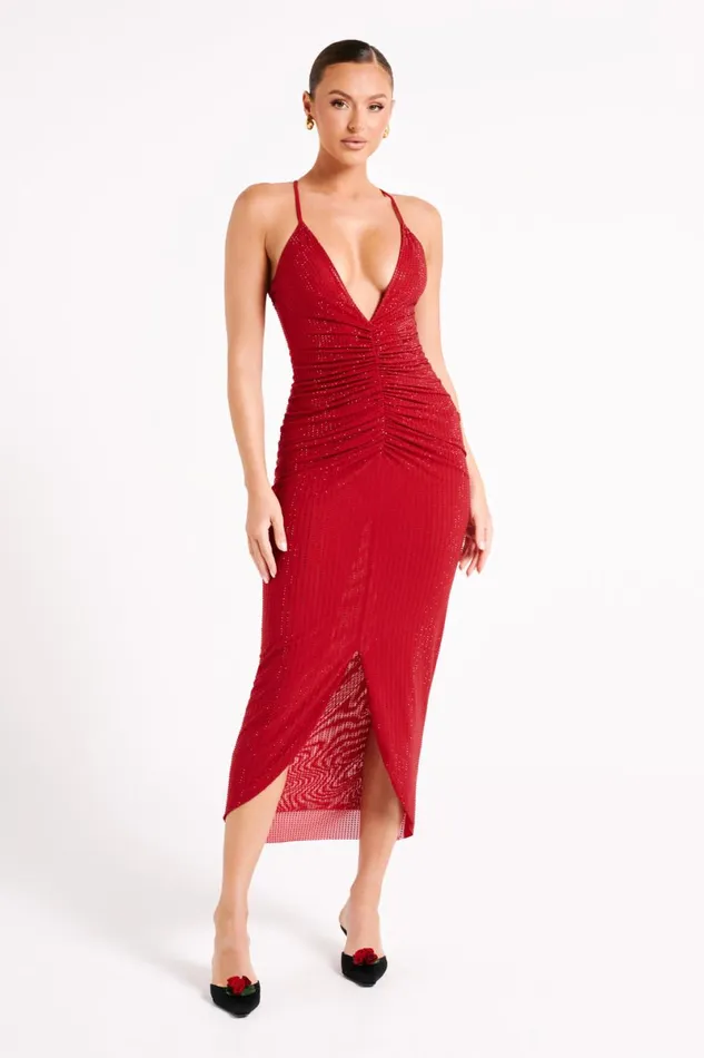 Meshki Midi Dresses Emeraude Diamante Ruched Midi Dress 8211 Vermilion Red Vermilionred 8211 Women
