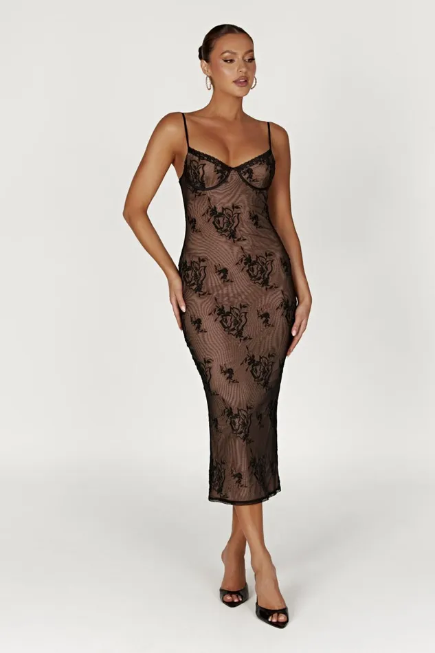Meshki Midi Dresses Venice Embroidered Mesh Midi Dress 8211 Black Black 8211 Women