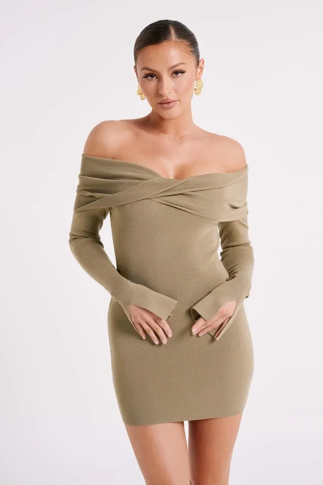 Meshki Mini Dresses Clover Off Shoulder Knit Mini Dress 8211 Olive Olive 8211 Women