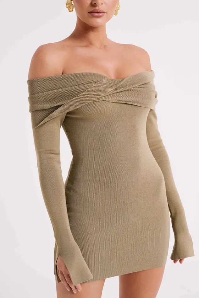Meshki Mini Dresses Clover Off Shoulder Knit Mini Dress 8211 Olive Olive 8211 Women