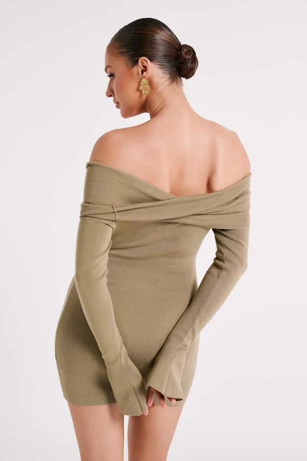 Meshki Mini Dresses Clover Off Shoulder Knit Mini Dress 8211 Olive Olive 8211 Women