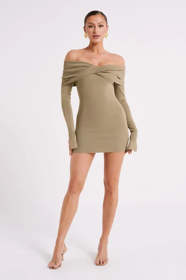 Meshki Mini Dresses Clover Off Shoulder Knit Mini Dress 8211 Olive Olive 8211 Women