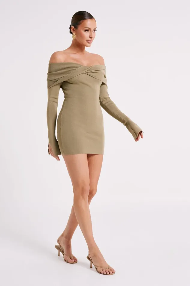 Meshki Mini Dresses Clover Off Shoulder Knit Mini Dress 8211 Olive Olive 8211 Women