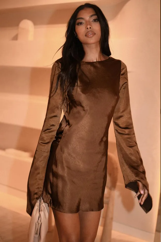Meshki Mini Dresses Davina Satin Long Sleeve Mini Dress 8211 Dark Brown Darkbrown 8211 Women