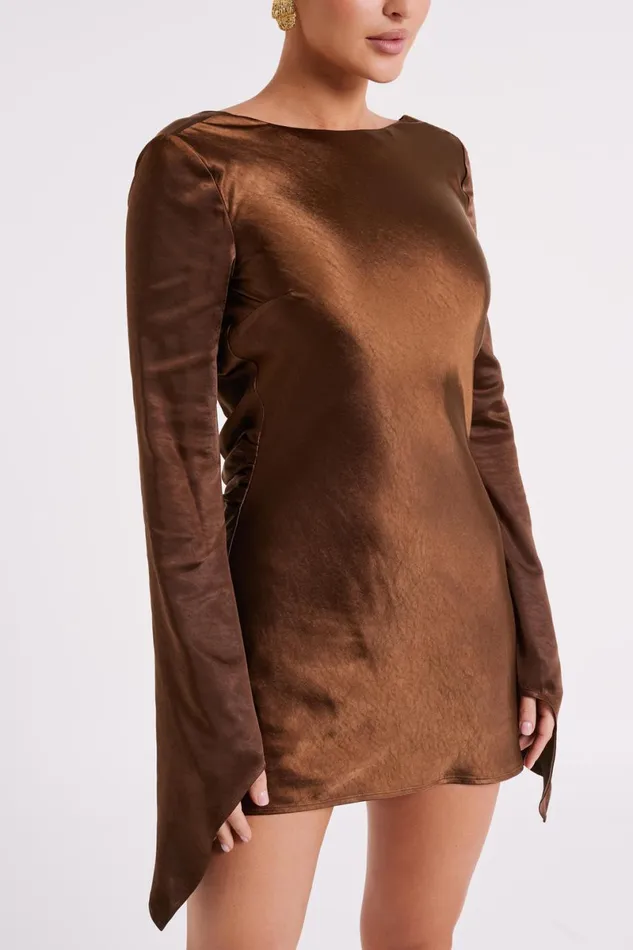 Meshki Mini Dresses Davina Satin Long Sleeve Mini Dress 8211 Dark Brown Darkbrown 8211 Women