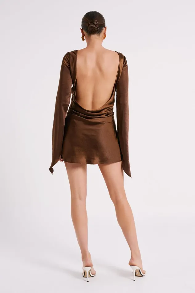 Meshki Mini Dresses Davina Satin Long Sleeve Mini Dress 8211 Dark Brown Darkbrown 8211 Women