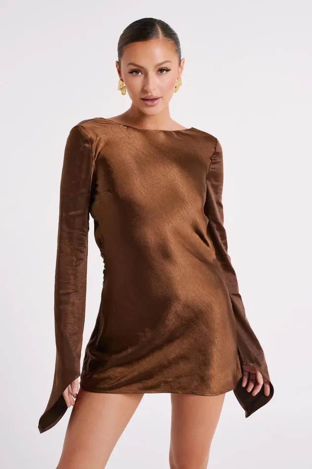 Meshki Mini Dresses Davina Satin Long Sleeve Mini Dress 8211 Dark Brown Darkbrown 8211 Women