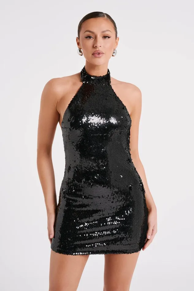 Meshki Mini Dresses Jayne Sequin Halter Mini Dress 8211 Black Black 8211 Women