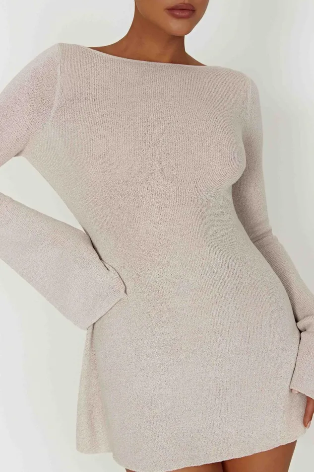 Meshki Mini Dresses Zahra Long Sleeve Open Back Mini Knit Dress 8211 Grey Grey 8211 Women