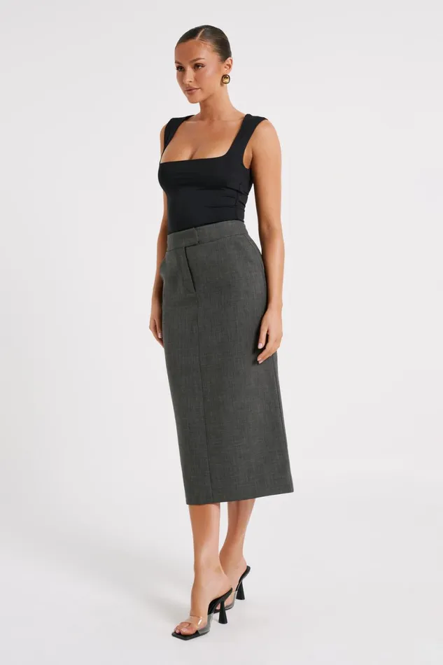 Meshki Skirts Marcie Textured Suiting Midi Skirt 8211 Charcoal Charcoal 8211 Women