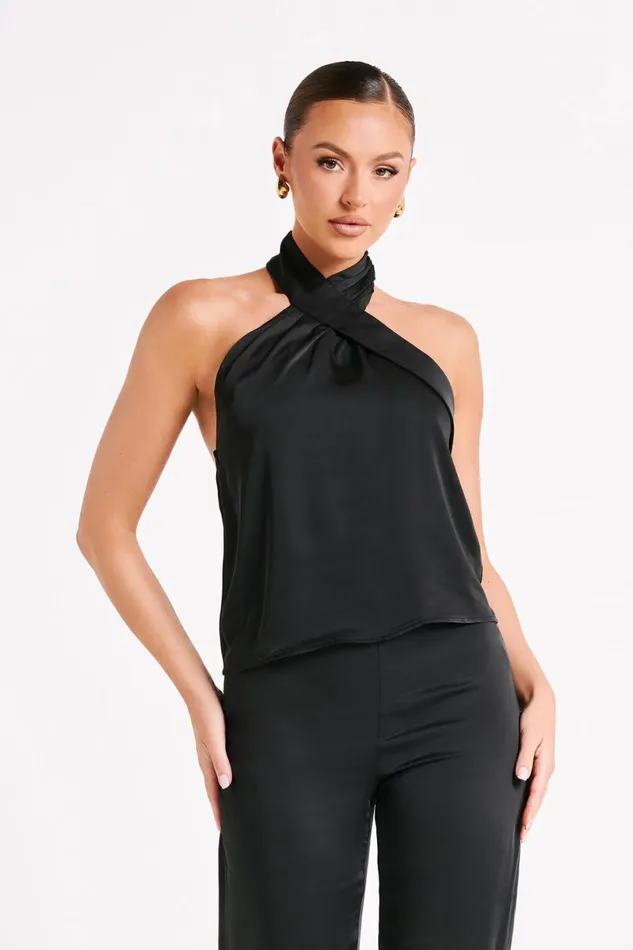 Meshki Sleeveless Tops Elisa Satin Halter Top 8211 Black Black 8211 Women