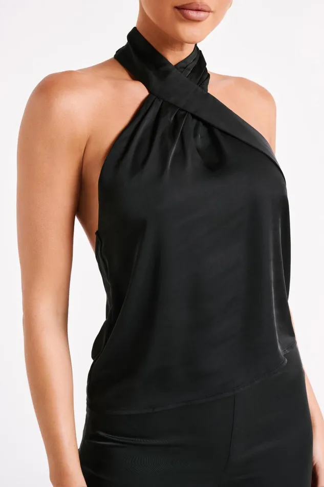 Meshki Sleeveless Tops Elisa Satin Halter Top 8211 Black Black 8211 Women