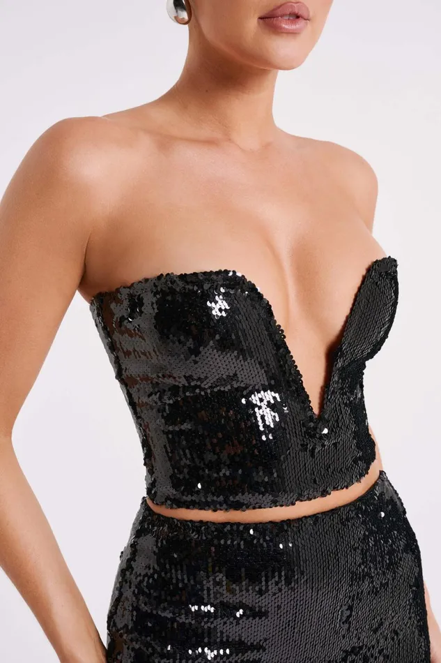 Meshki Sleeveless Tops Zariah Strapless Sequin V Corset 8211 Black Black 8211 Women