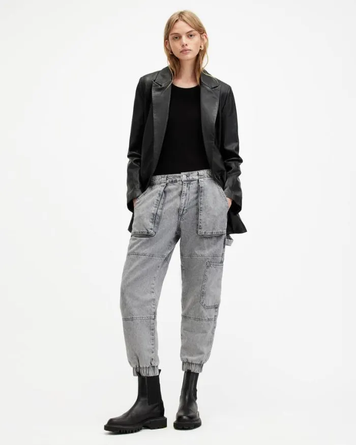 Mila Denim Slim Fit Panelled Pants Washed Grey Women AllSaints Pants and Leggings