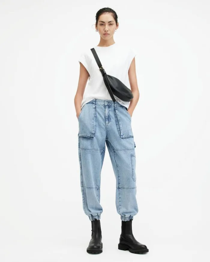 Mila Tapered Slim Fit Denim Pants Light Indigo Women AllSaints Pants and Leggings