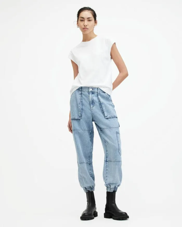 Mila Tapered Slim Fit Denim Pants Light Indigo Women AllSaints Pants and Leggings Mila Tapered Slim Fit Denim Pants Light Indigo Women AllSaints Pants and Leggings