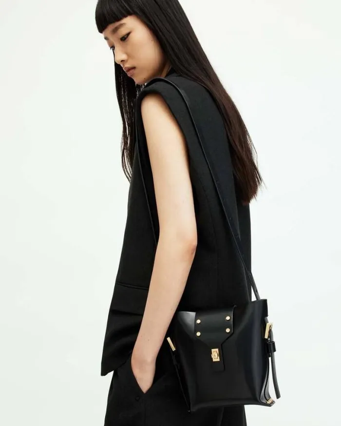Miro Turn Lock Leather Crossbody Bag Black Women AllSaints Handbags and Wallets