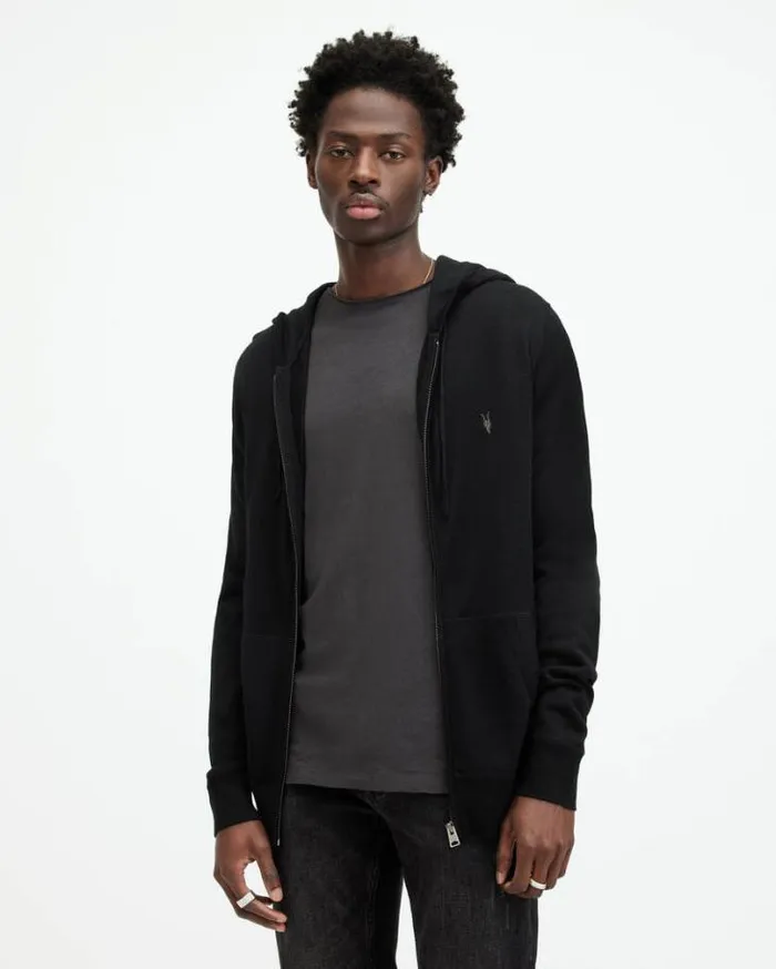 Mode Merino Zip Up Ramskull Hoodie Black Men AllSaints Sweaters