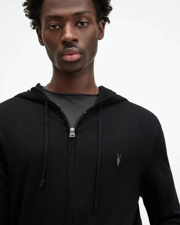 Mode Merino Zip Up Ramskull Hoodie Black Men AllSaints Sweaters