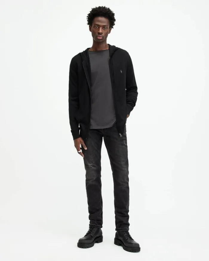 Mode Merino Zip Up Ramskull Hoodie Black Men AllSaints Sweaters
