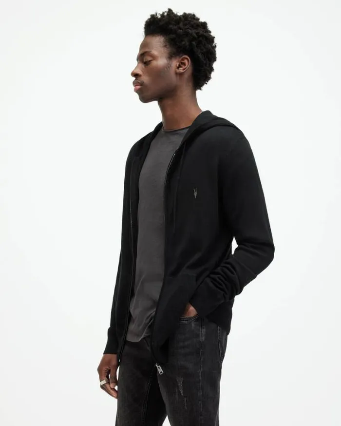 Mode Merino Zip Up Ramskull Hoodie Black Men AllSaints Sweaters