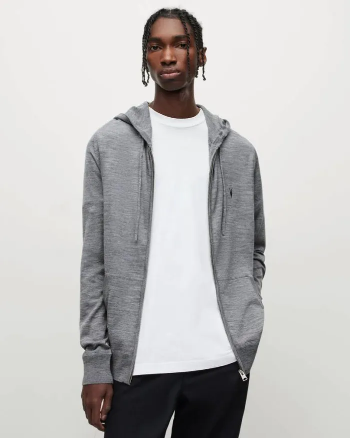 Mode Merino Zip Up Ramskull Hoodie Grey Marl Men AllSaints Sweatshirts and Hoodies
