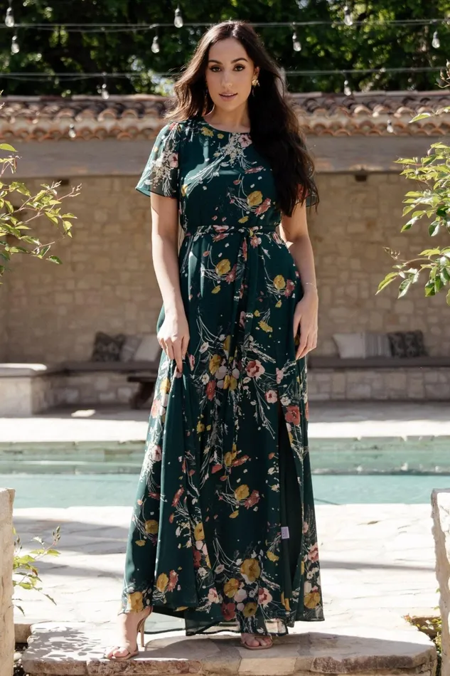 Naomi Short Sleeve Maxi Dress Dark Green Floral Women Baltic Born Mother Of The Bride