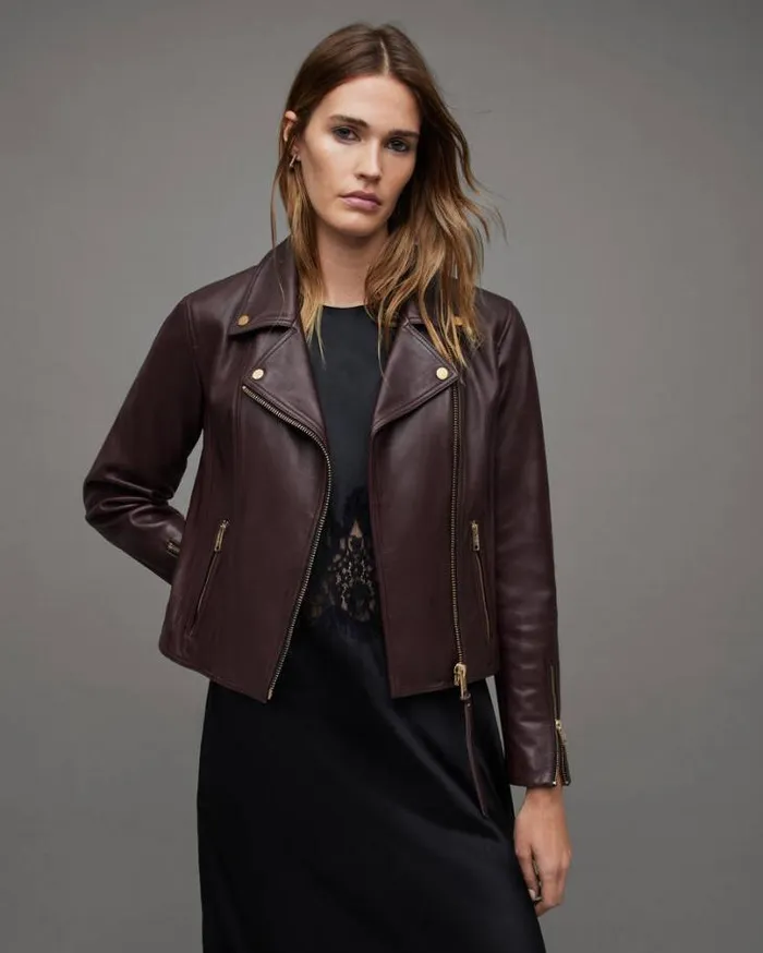 Neve Shrunken Slim Leather Biker Jacket Oxblood Red Women AllSaints Leather Jackets