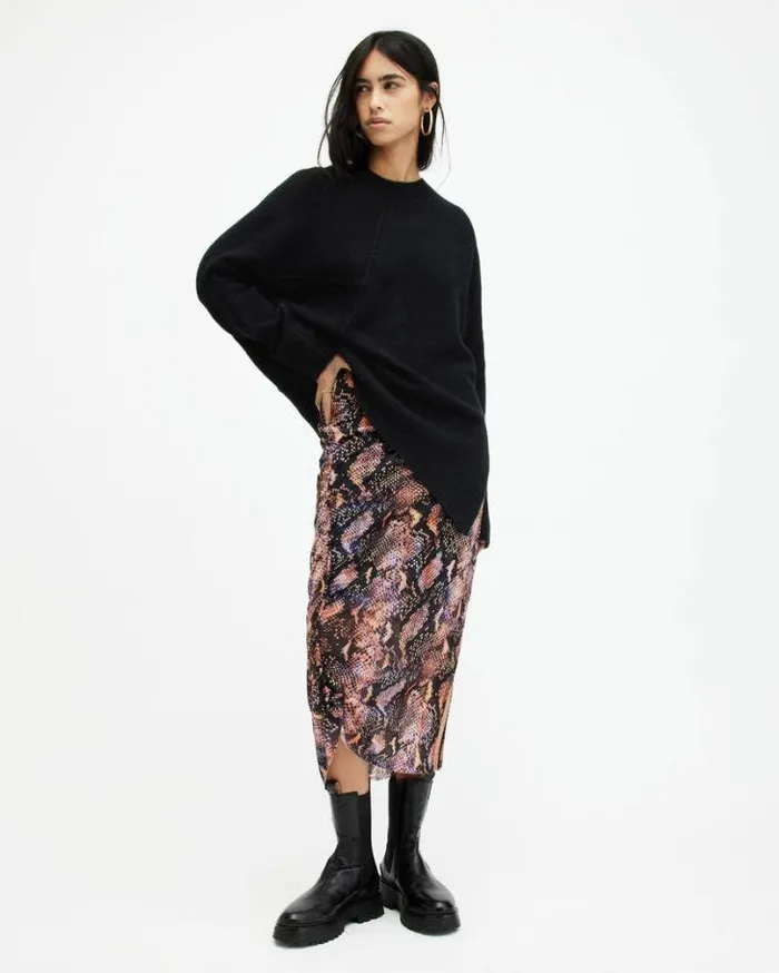 Nora Tahoe Snake Print Midi Skirt Tan Brown Women AllSaints Skirts and Shorts