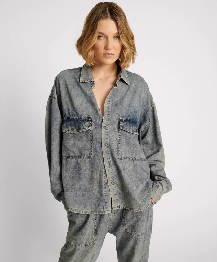 One Teaspoon Shirts DIRTY BLUE OVERSIZED DENIM WESTERN SHIRT 8211 Women