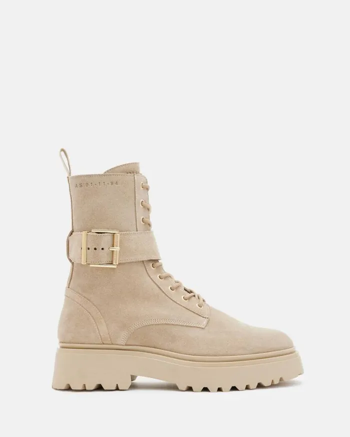 Onyx Suede Buckle Boots Sand Brown Women AllSaints Shoes and Boots