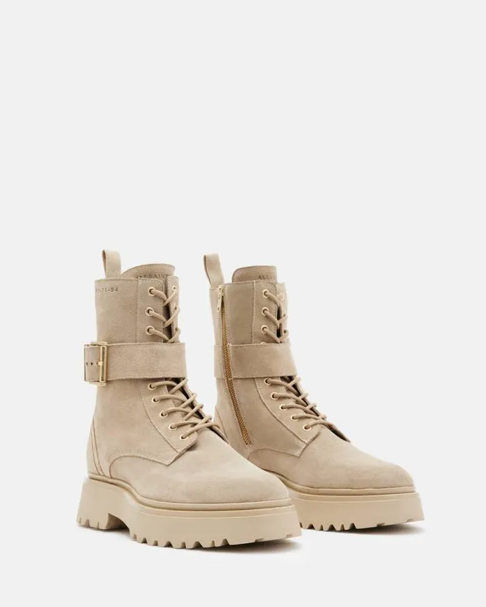 Onyx Suede Buckle Boots Sand Brown Women AllSaints Shoes and Boots
