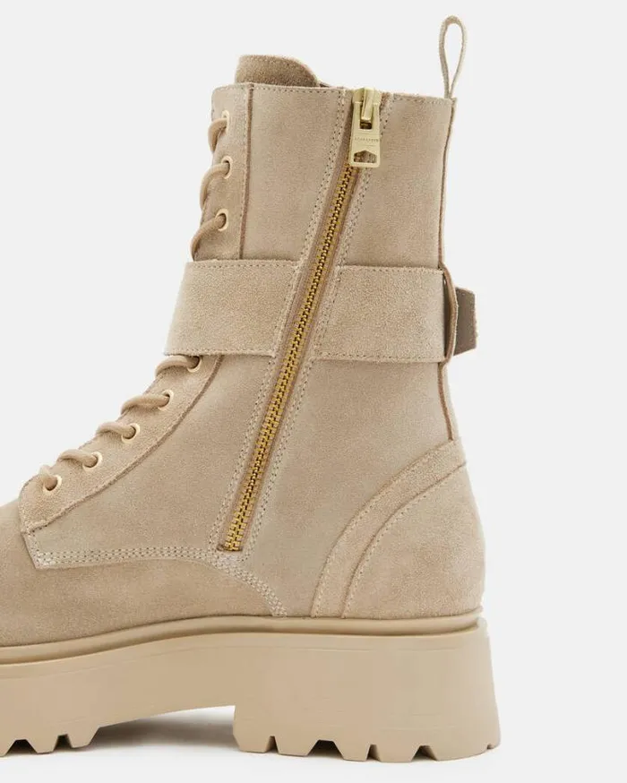 Onyx Suede Buckle Boots Sand Brown Women AllSaints Shoes and Boots