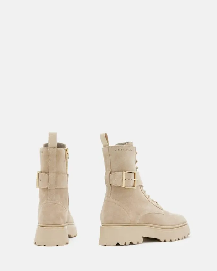 Onyx Suede Buckle Boots Sand Brown Women AllSaints Shoes and Boots