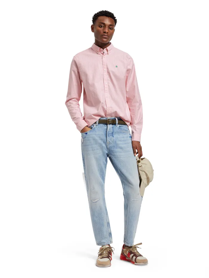 Oxford Stripe Tropical Pink White Stripe Men Scotch and Soda Shirts